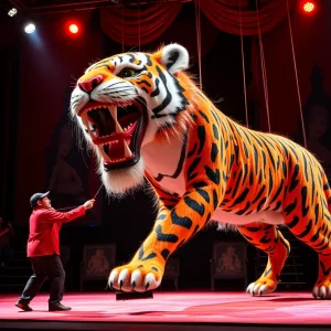 Puppeteers operating a tiger puppet in the Life of Pi theater production