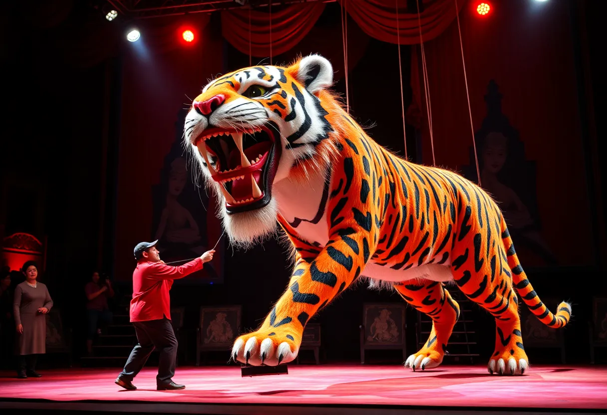Puppeteers operating a tiger puppet in the Life of Pi theater production