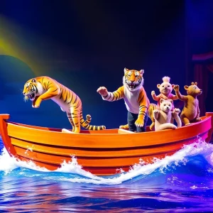 Scene from Life of Pi theatrical performance featuring a lifeboat and tiger puppet
