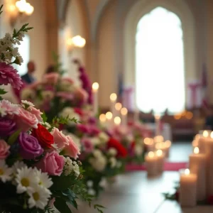 Memorial service setting with flowers and candles