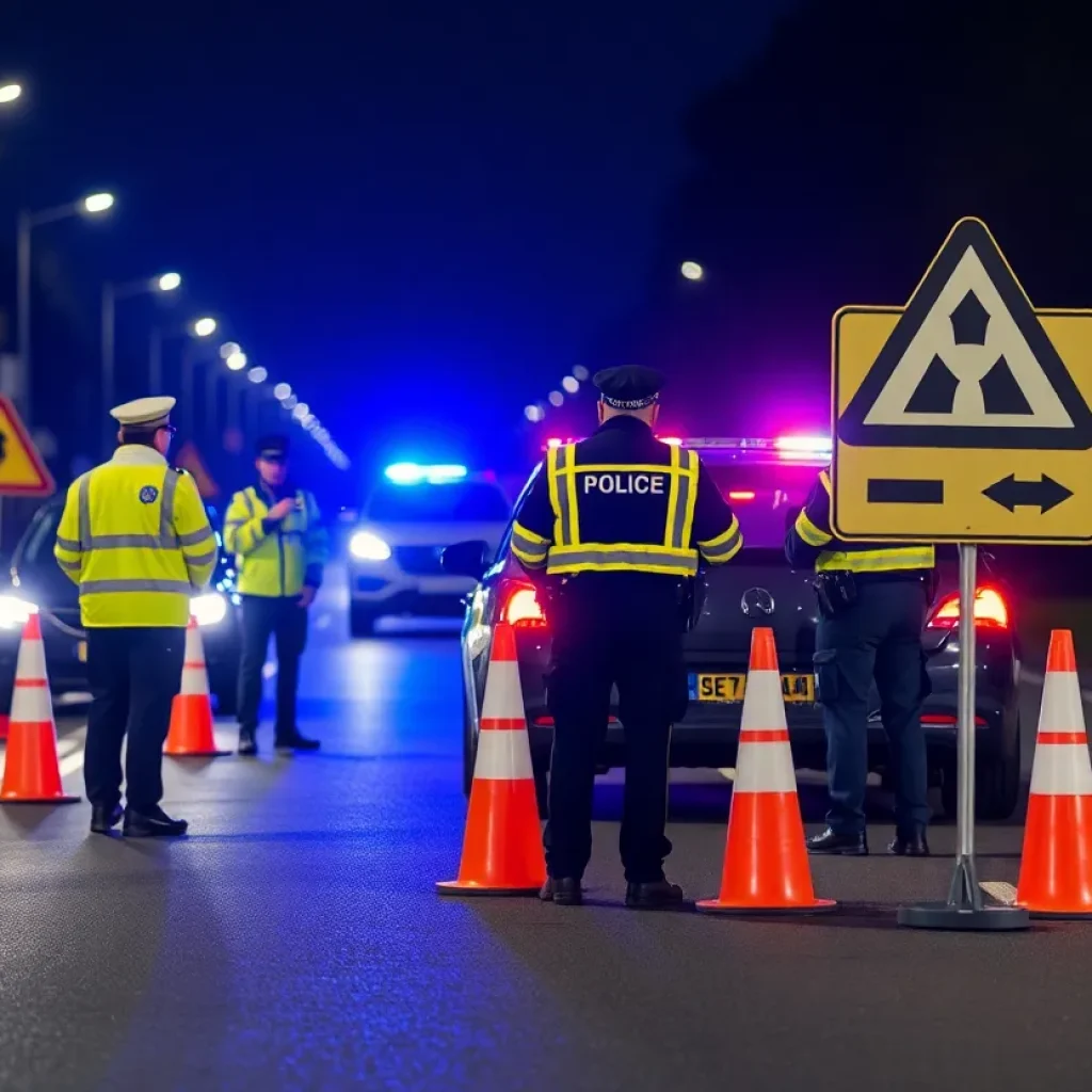 Police conducting a DUI checkpoint at night in Newport Beach