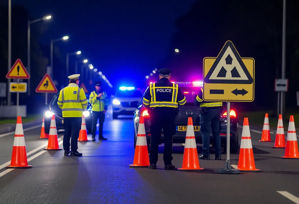 Police conducting a DUI checkpoint at night in Newport Beach