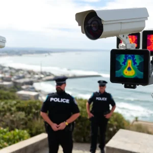 Newport Beach coast with police surveillance equipment