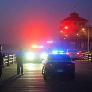 Police officers conducting an investigation at a beach pier