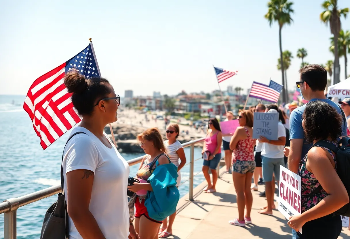 Coastal view of Newport Beach during summer with community gatherings.