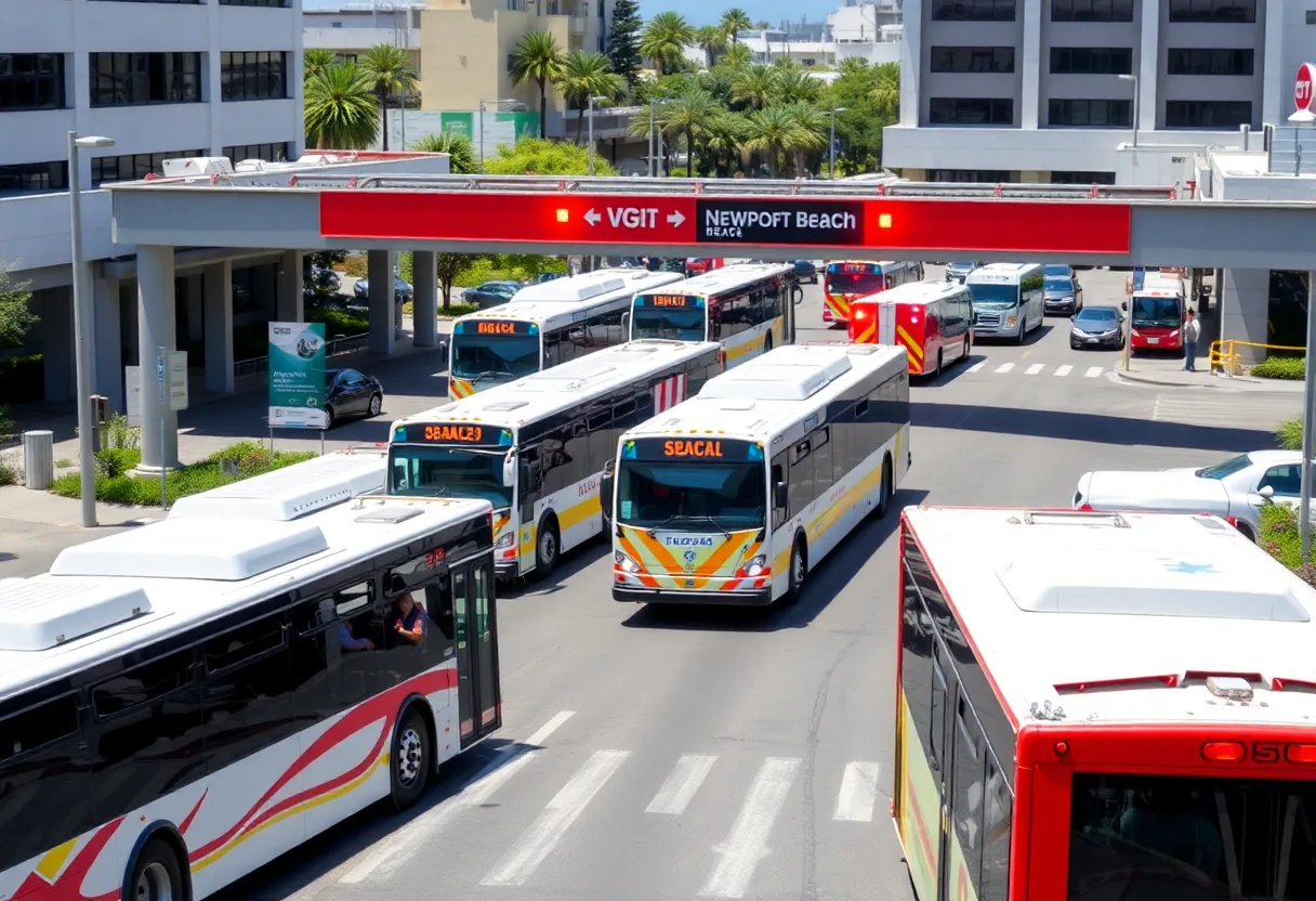 Buses and emergency vehicles at Newport Beach transportation hub