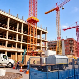 Construction site in Orange County with workers and cranes