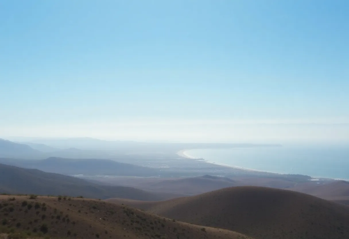 A sunny view of Orange County showcasing coastal areas and hazy skies during a heat advisory