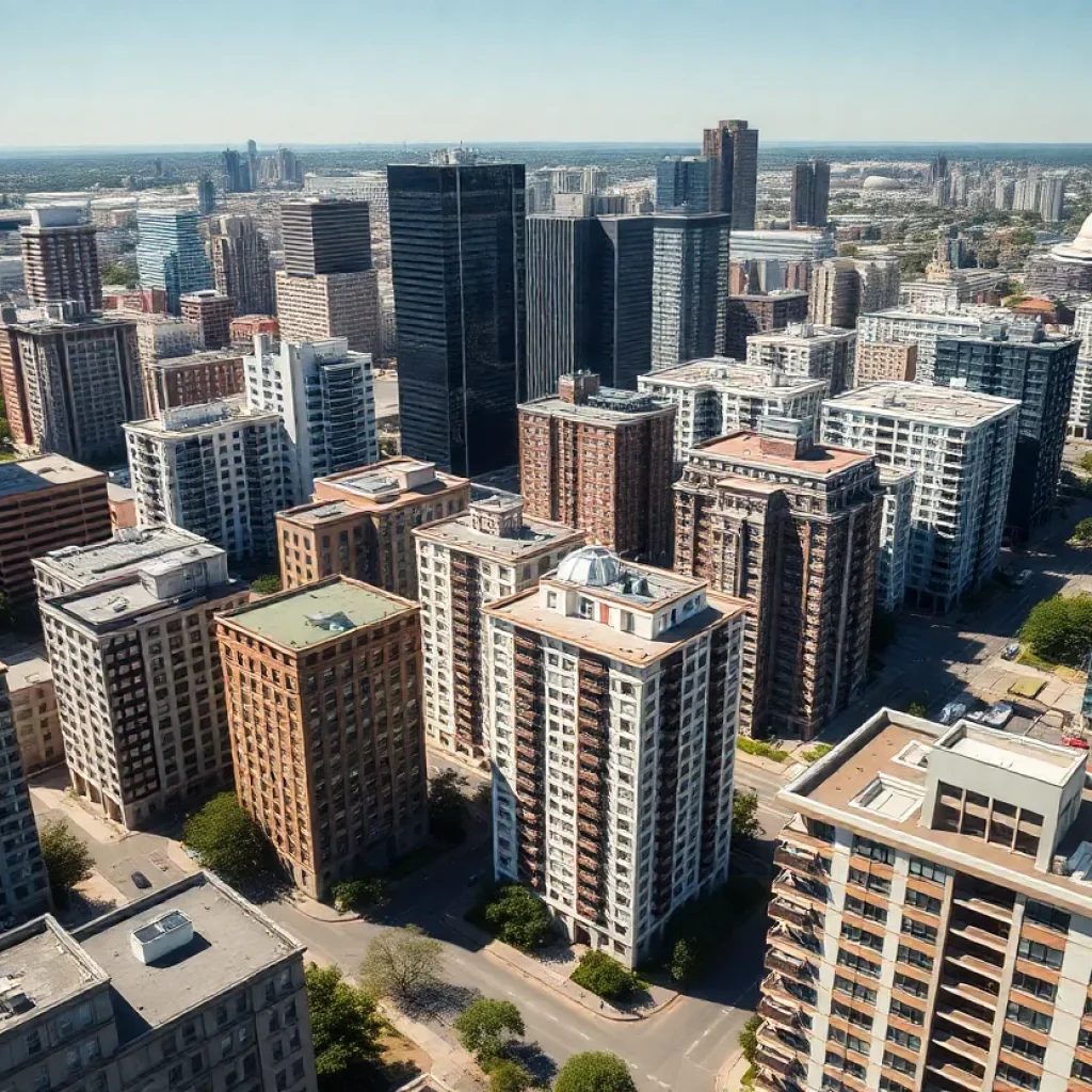 Aerial view of office buildings being converted to residential units in Orange County