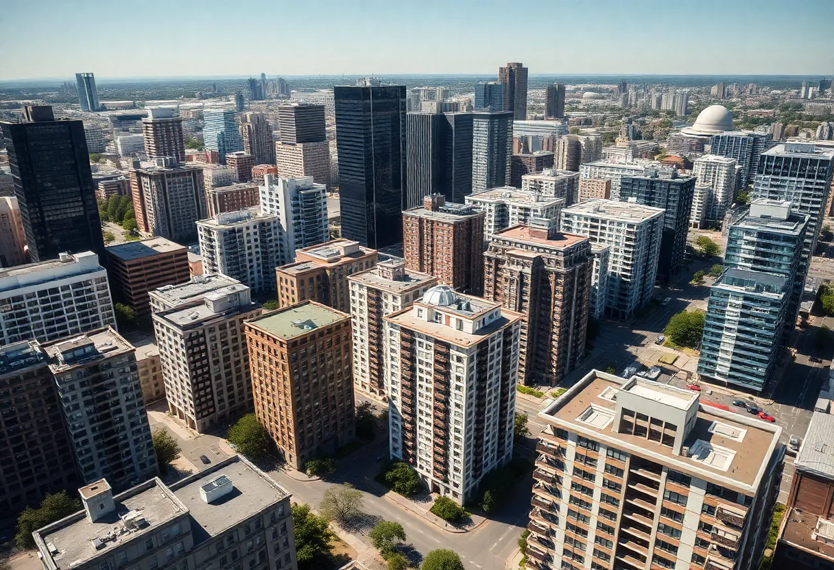 Aerial view of office buildings being converted to residential units in Orange County