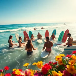 Surfers paddling out in tribute to Brian Wilson at Huntington Beach.