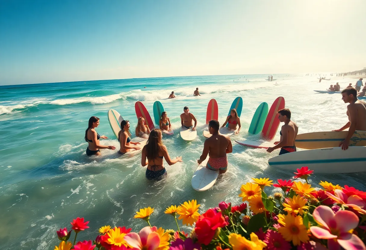 Surfers paddling out in tribute to Brian Wilson at Huntington Beach.