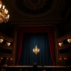 A dramatic representation of the Phantom of the Opera stage scene with chandelier and masks.