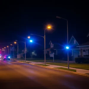 Police lights illuminate a residential street at night.