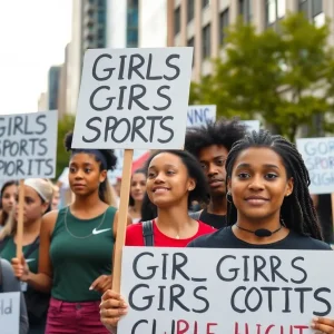 Group of athletes protesting for the rights of girls in sports