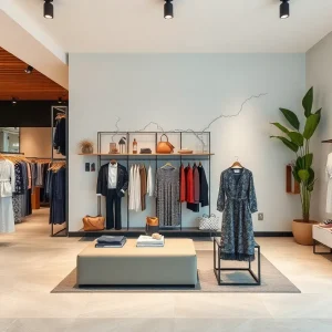 Interior view of Rubin & Chapelle's boutique in Newport Beach with sustainable fashion displays.