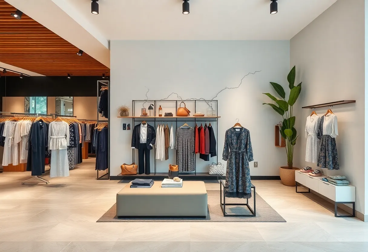 Interior view of Rubin & Chapelle's boutique in Newport Beach with sustainable fashion displays.
