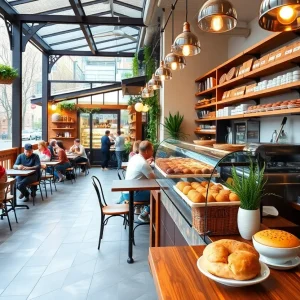 Interior view of Rye Goods Bakery showcasing baked goods and guests