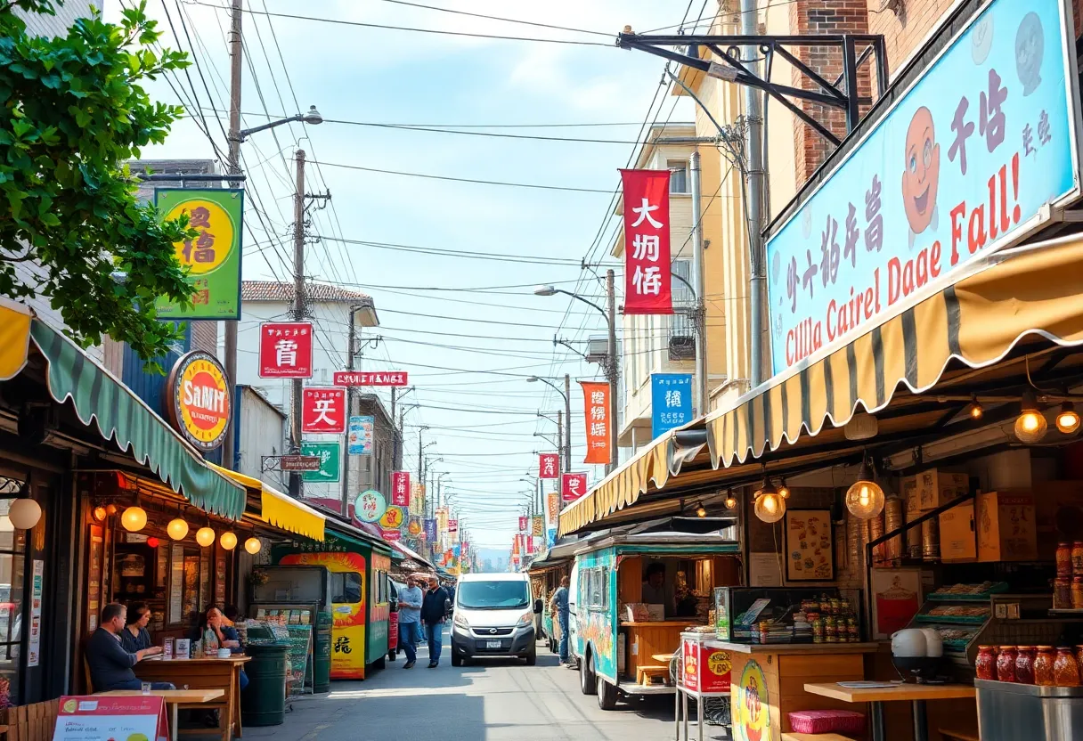 A busy street full of various restaurants and food trucks in Santa Ana, California.