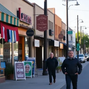 La Cuatro neighborhood in Santa Ana showcasing local businesses and a quiet street.