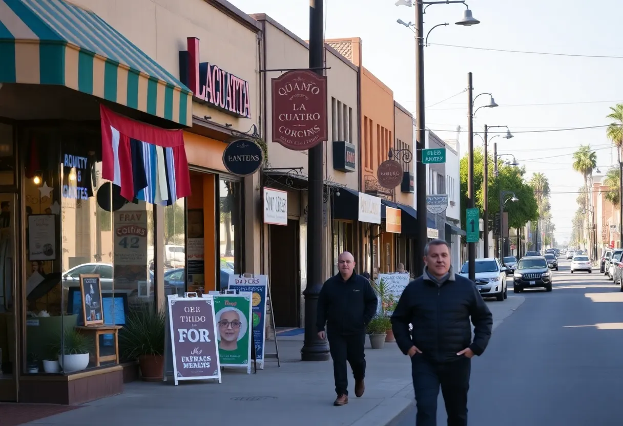 La Cuatro neighborhood in Santa Ana showcasing local businesses and a quiet street.