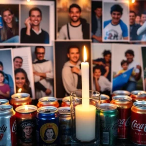 Candlelight memorial surrounded by photographs, representing community mourning
