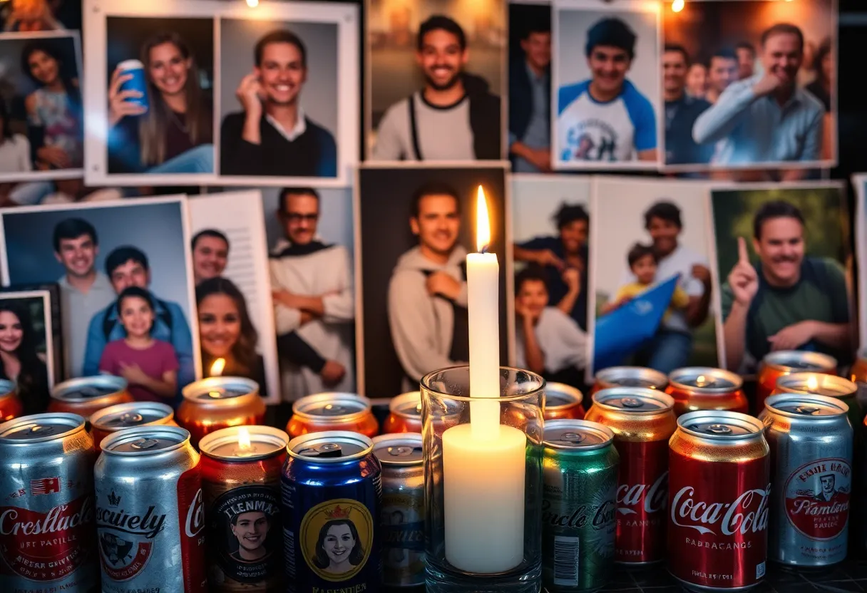 Candlelight memorial surrounded by photographs, representing community mourning