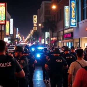 Crowd gathers around police during nighttime altercation in Santa Ana.