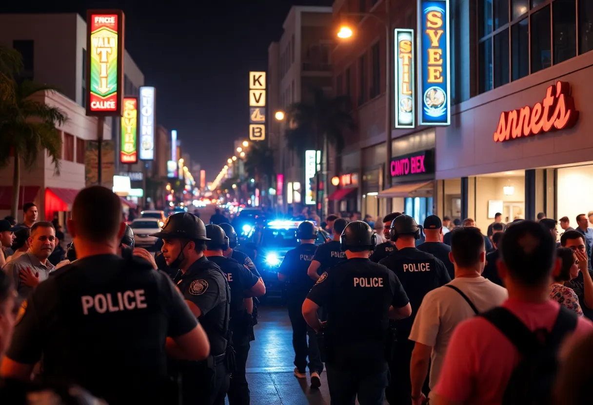 Crowd gathers around police during nighttime altercation in Santa Ana.