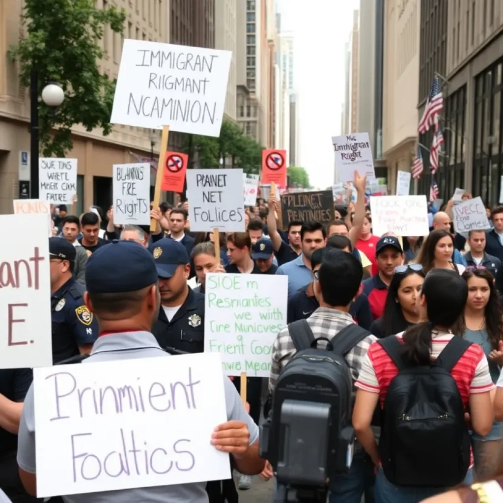 Protesters in Santa Ana holding signs against ICE immigration raids.
