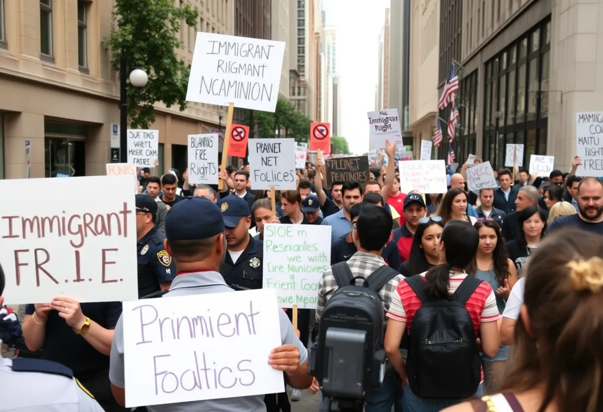 Protesters in Santa Ana holding signs against ICE immigration raids.