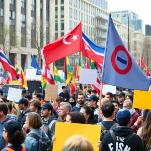 Demonstrators gather in Santa Ana holding flags and signs during protests.