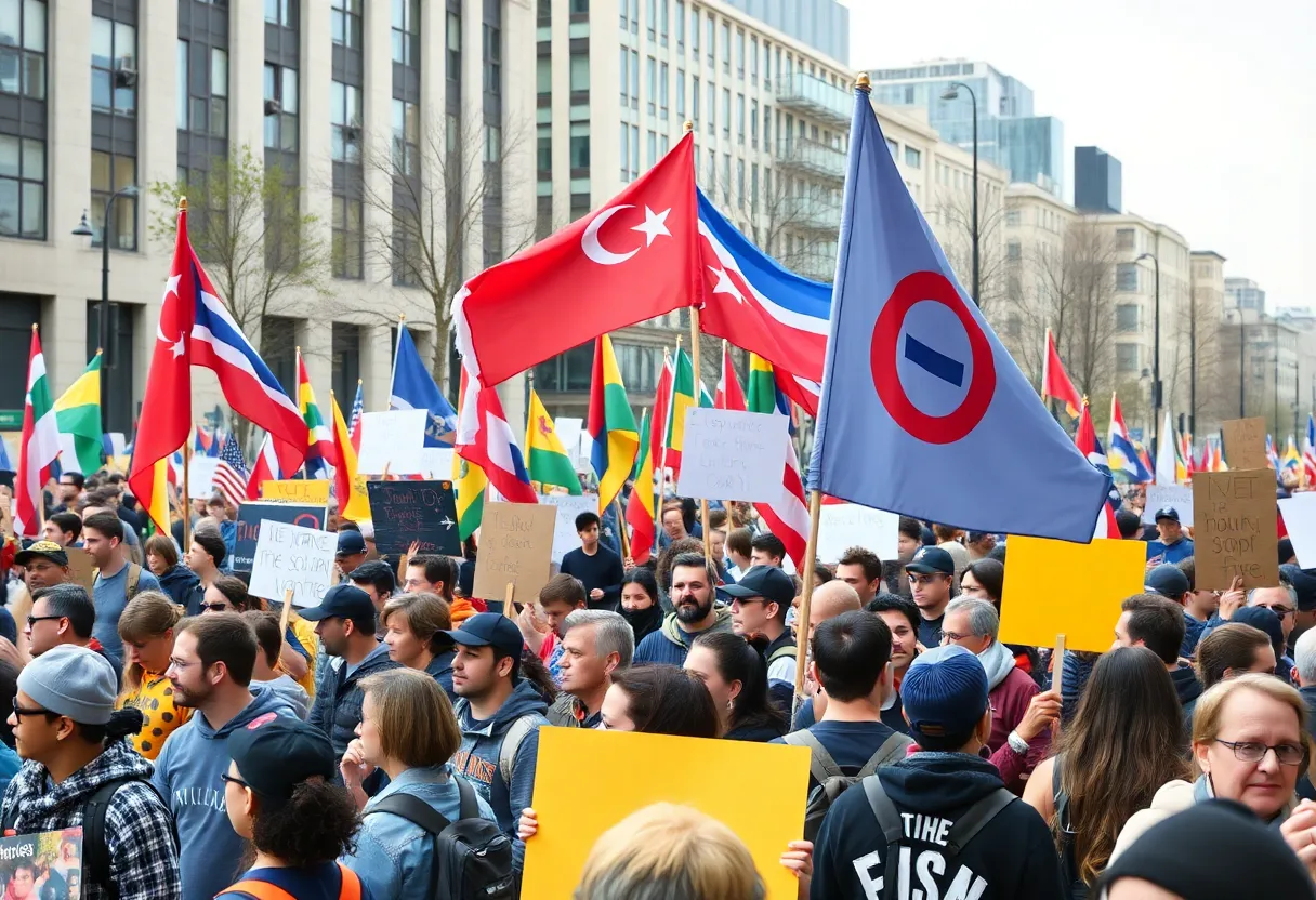 Demonstrators gather in Santa Ana holding flags and signs during protests.