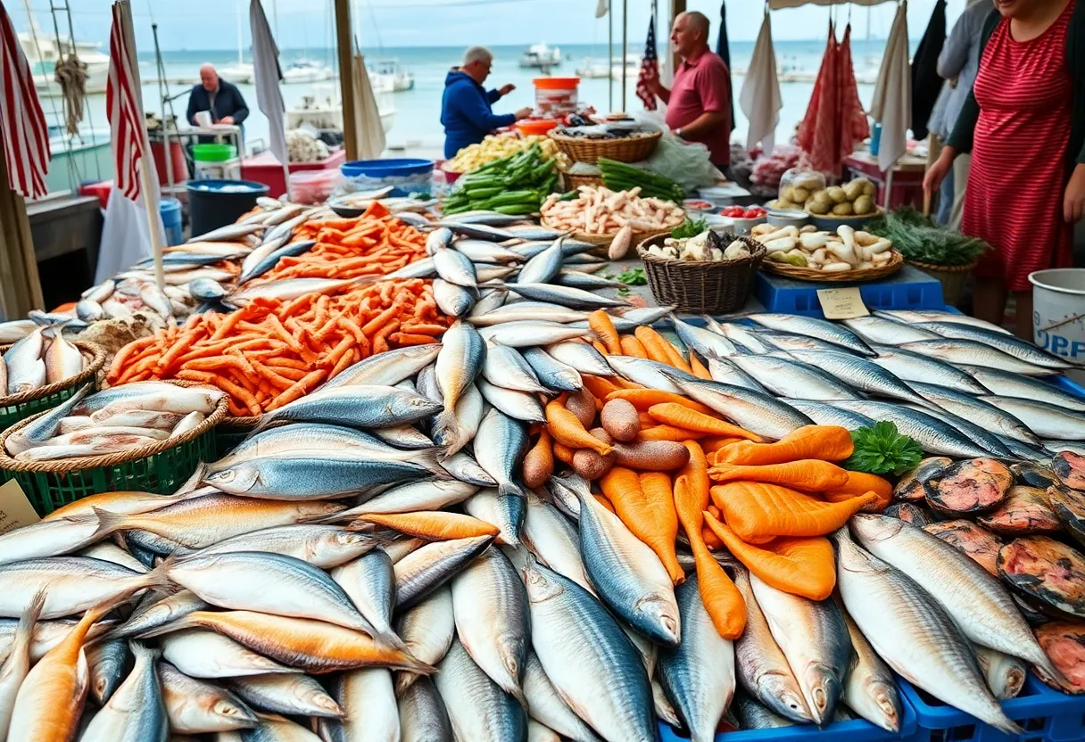 Fresh seafood display at Santa Monica Seafood market