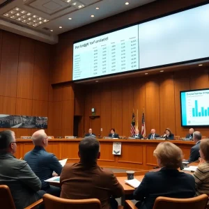 City council meeting discussing budget allocations