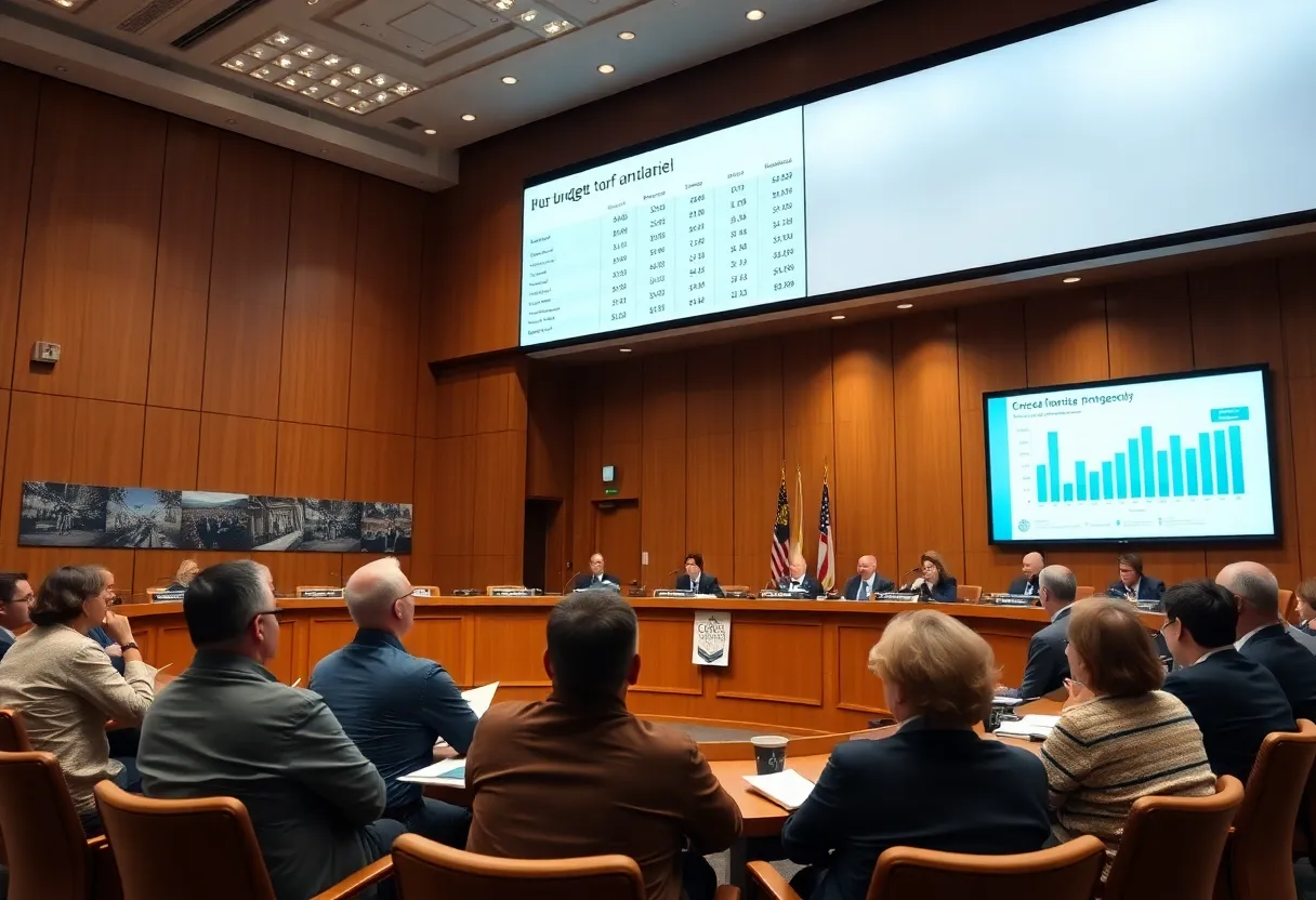 City council meeting discussing budget allocations