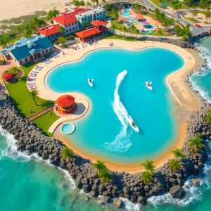 Conceptual image of Snug Harbor Surf Park including lagoon and amenities