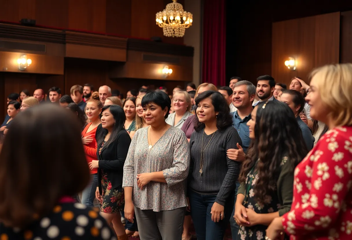 A diverse group of actors and technicians working together on stage during a theater production.