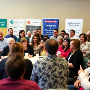 Community members at the State of the City luncheon discussing nonprofit contributions.