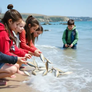 Students participating in white seabass conservation at the beach
