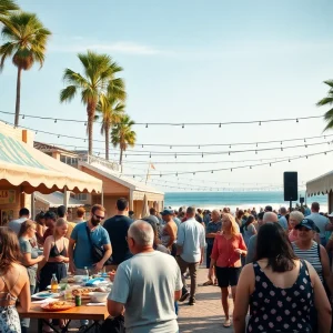 Outdoor surf film festival with attendees enjoying live music and food.