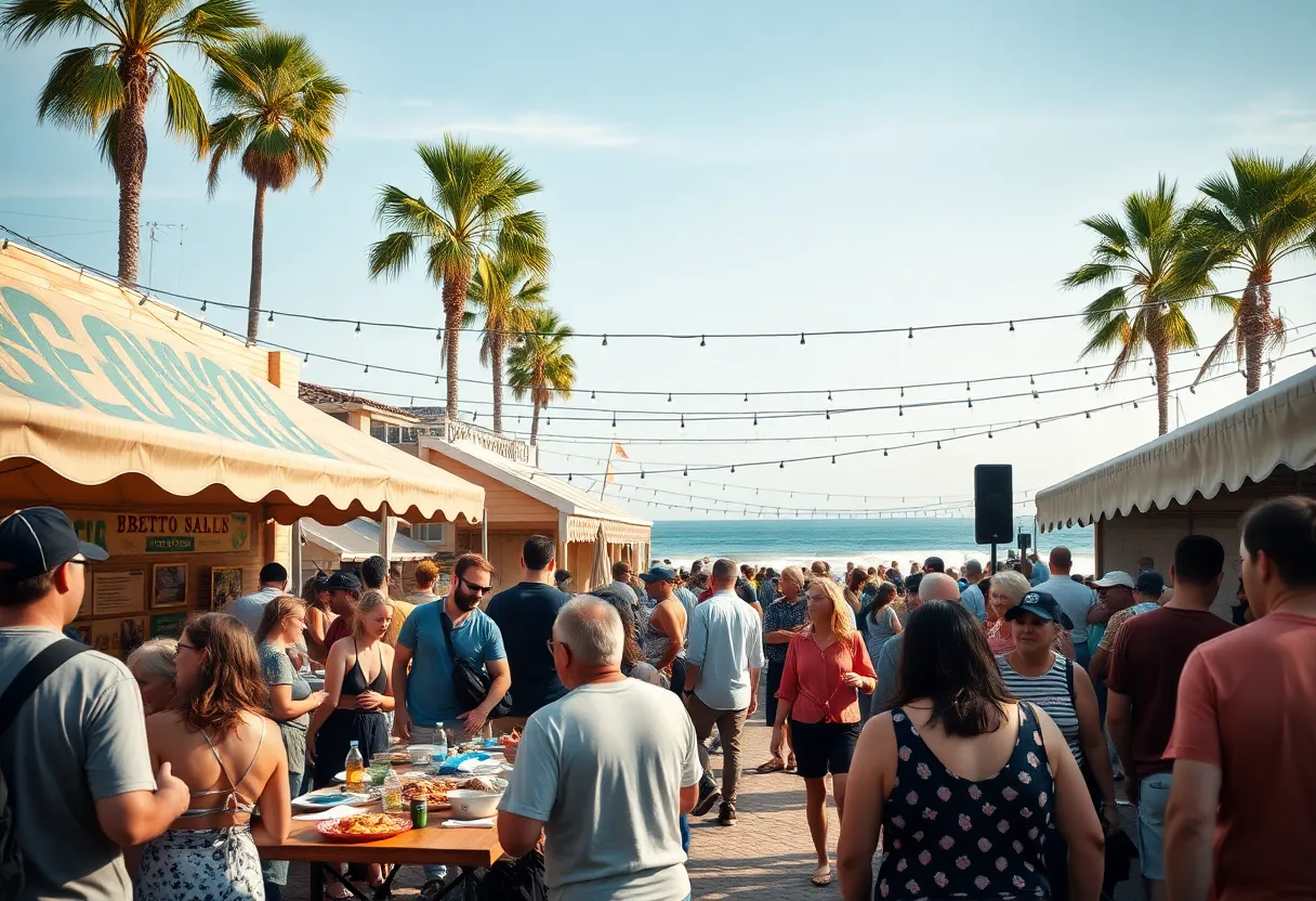Outdoor surf film festival with attendees enjoying live music and food.