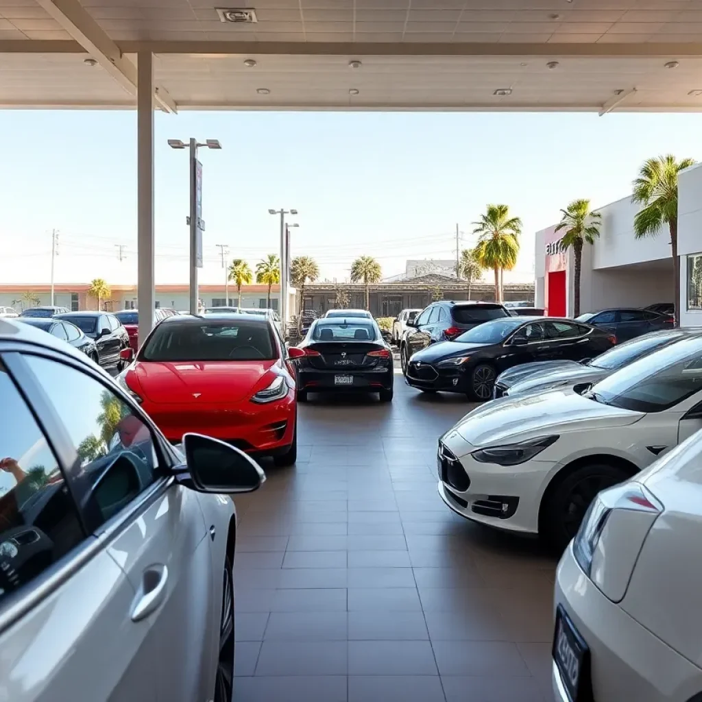 Tesla electric vehicles in an Orange County dealership