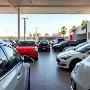 Tesla electric vehicles in an Orange County dealership