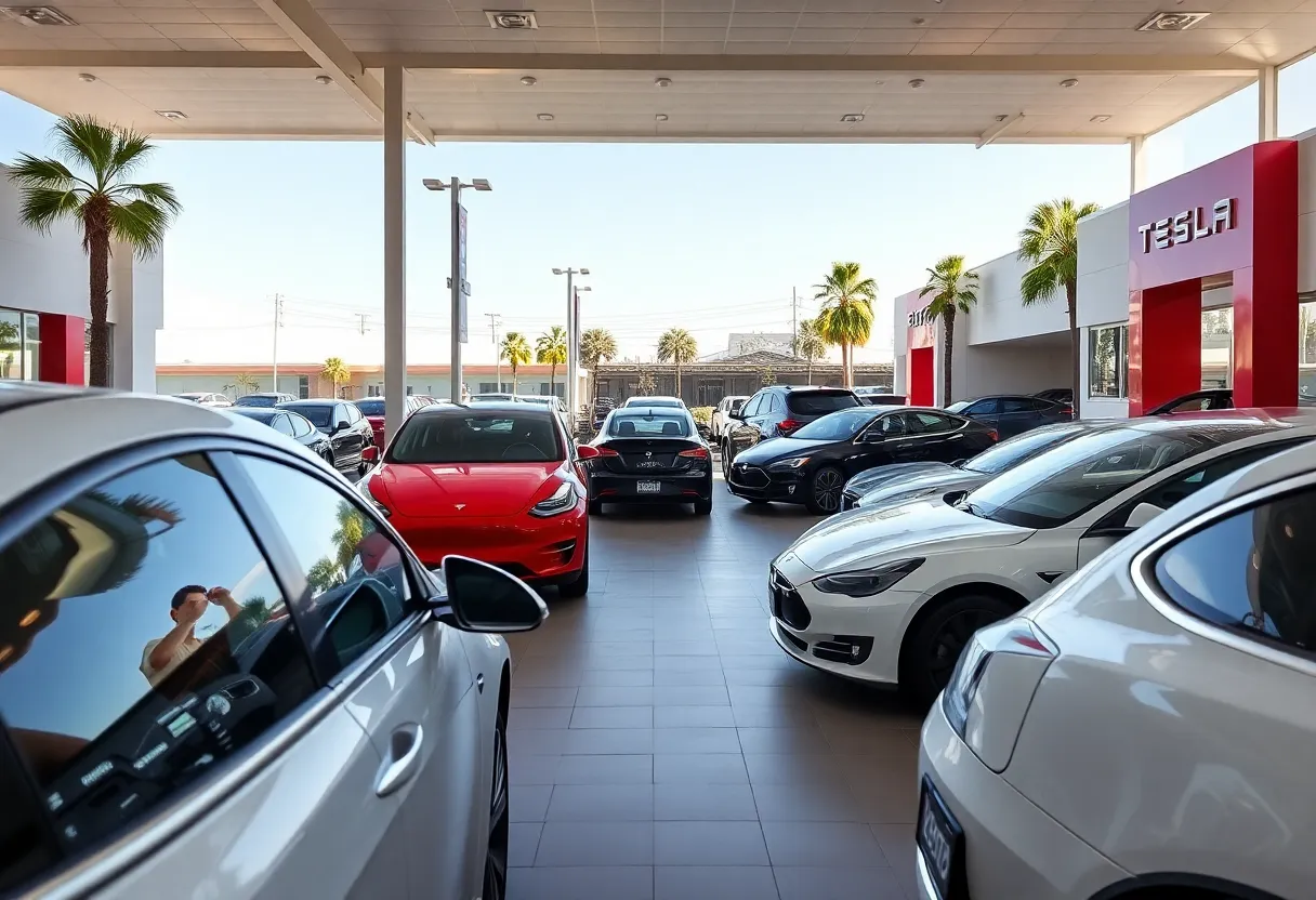 Tesla electric vehicles in an Orange County dealership