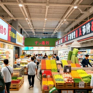 Interior of Tokyo Central Supermarket showcasing fresh produce and sushi counters.