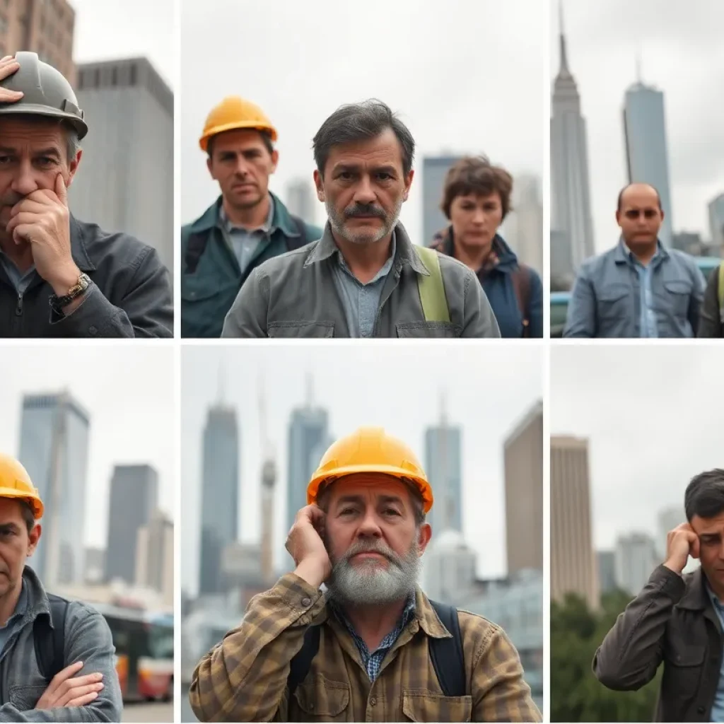Collage of unhappy workers in California urban settings
