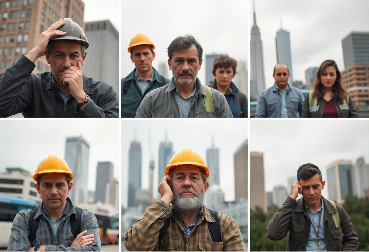 Collage of unhappy workers in California urban settings