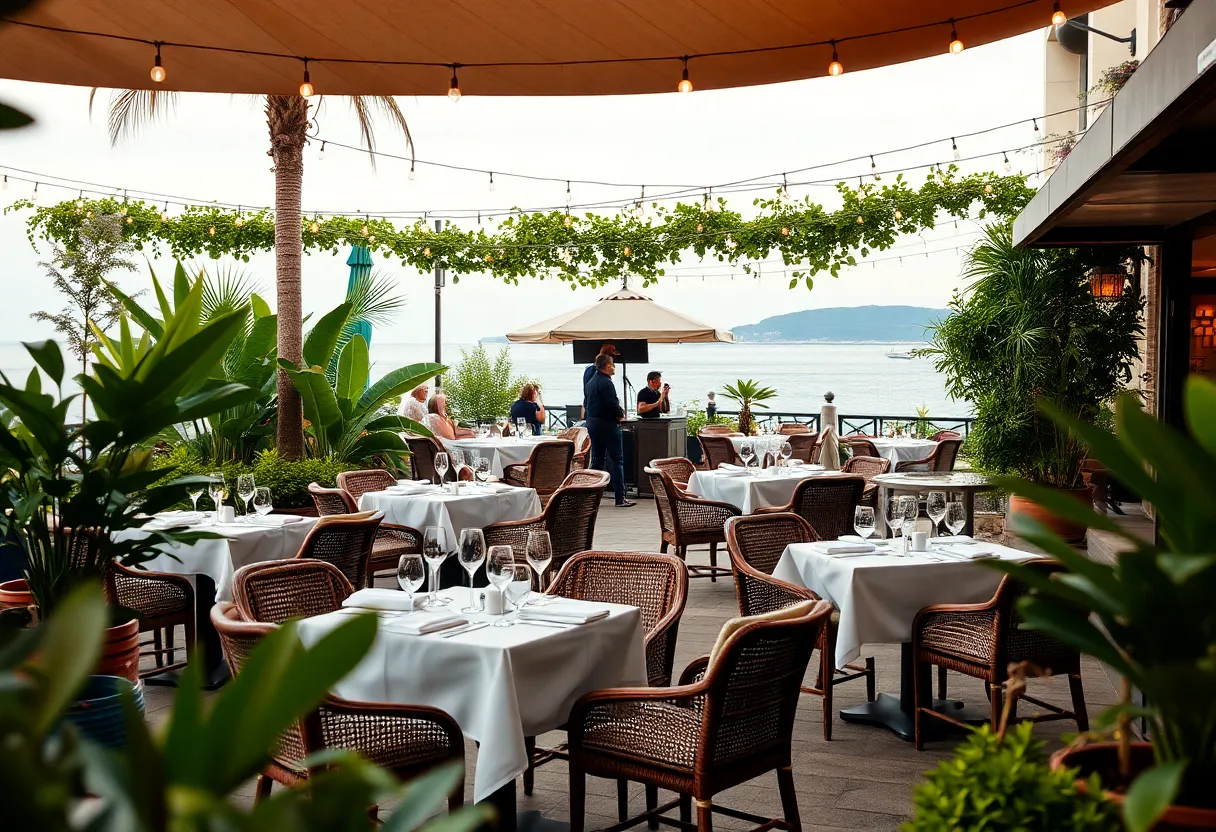 Elegant outdoor dining setup at Viamara restaurant in Newport Beach.