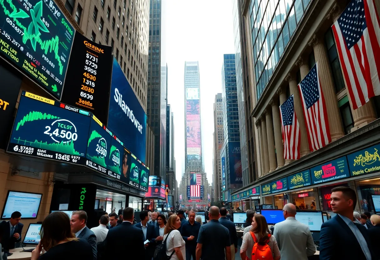 A vibrant Wall Street trading floor buzzing with activity and positive market trends.